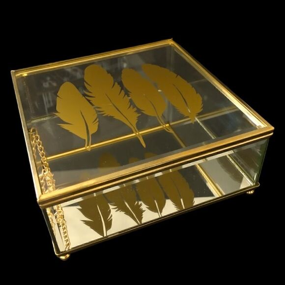 Feather Print Glass Trinket Box Vintage 90s Jewelry Gold Tone Western Bohemian - Picture 11 of 16